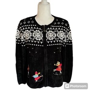 Alfred Dunner Vintage Fair Isle Black Zippered Embroidered Sweater Size S